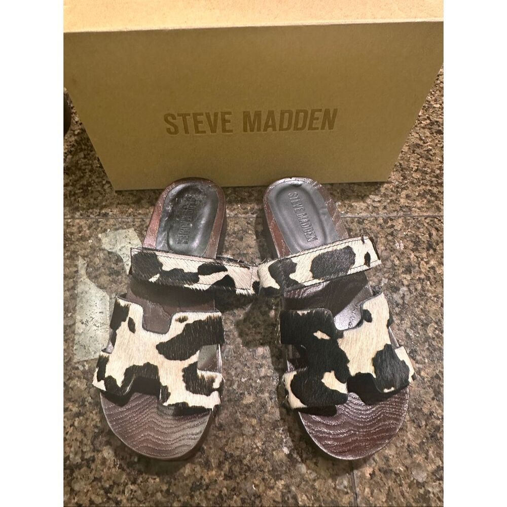 NWT Steve Madden cow print slides